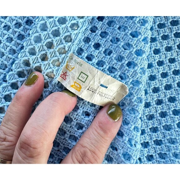 Vintage 80s shower curtain, powder blue wide mesh open weave pattern, decorative - Picture 5 of 7